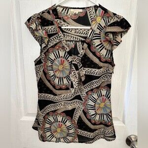 Tulle Sheer Ruffle Cap Sleeve Neck Tie Blouse Black White Abstract Designs S\M